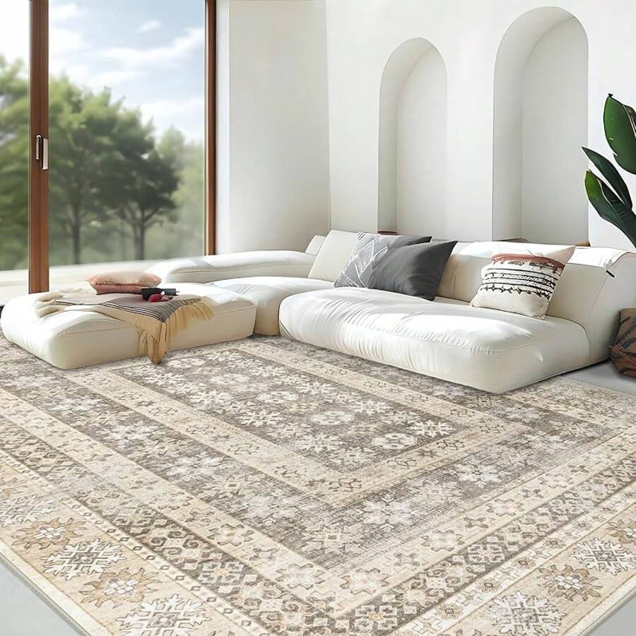 Large Washable 6x9 Area Rug: Boho Moroccan Geometric Neutral, Non-Slip Foldable Indoor Floor Carpet For Living Room, Bedroom, Dining Table - Beige, 6X9 - Cokelat Bunga - View 1