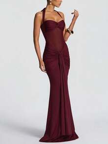 Sexy Spaghetti Strap Backless Waist Cinched High Slit Dress, Mesh Patchwork Vacation Party Dress