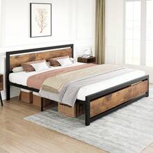 Estructura de cama tamaño Queen, plataforma de cama Queen de estilo industrial con cabecero, estructura de cama para colchón de fácil montaje en color marrón retro, no necesita somier. - Marrón - Ver 3