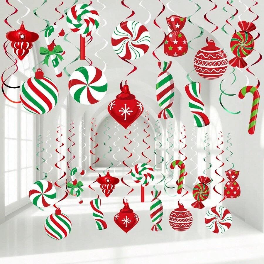 56 Pcs Christmas Peppermint Candy Hanging Swirls Decorations Red And White Holiday Party Streamers For Home Winter Holiday Christmas Party Decor Red White Green - RedWhiteGreen - View 1