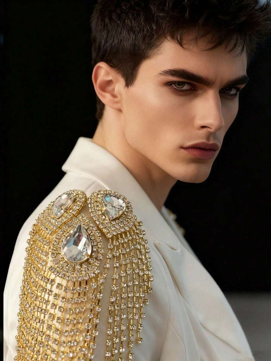 欧美大号水滴流苏钻石花朵钻石纽扣DIY西装晚礼服肩部和胸前别针爪链饰品配件，跨境批发水晶肩链流苏肩章配饰晚礼服配饰舞台服装DIY饰品 - 金色-白鑽 - 查看 1