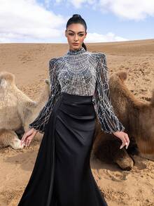 Faeriesty 女士优雅高领曳地长裙 – 薄纱泡泡袖饰以串珠亮片，缎面鱼尾裙摆，适合约会之夜、正式晚宴、情人节、城市漫步、派对、婚礼等场合，春季皆宜。 - 黑與白 - 查看 7