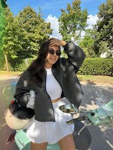 Chaqueta casual y cómoda de mujer con bolsillo con cremallera en el frente y costillas, chaqueta de mujer con cuello de béisbol y cremallera completa con bolsillos, abrigo de manga larga para otoño/invierno - Gris - Ver 4