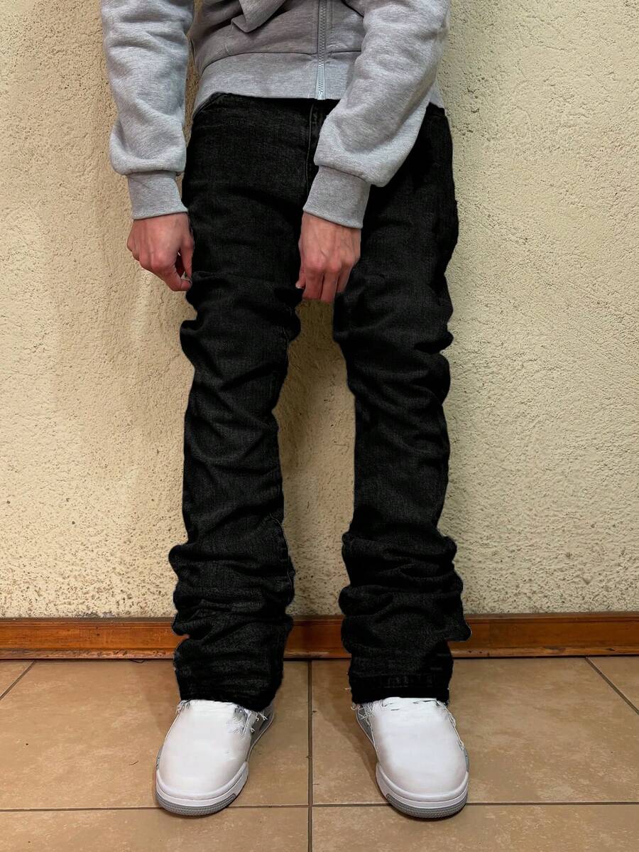 leev Skinny Stretch Denim Jeans, Versatile Streetwear Fashion Slim Fit Cotton Washed Denim Flare Leg Pants - 黑色 - 查看 1