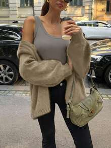 FOR BEAUTY Autumn/Winter New Solid Color Casual Loose Long Sleeve Knit Sweater, Fashionable, Elegant, Minimalist Oversized Cardigan, Soft & Warm, Suitable For Daily Commute, New Year Sweater Jacket - Khaki - View 6