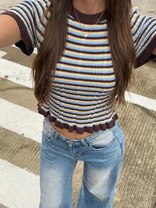 ملابس علوية تريكو مضلع بألوان مسدود الأكمام قصير الأكمام للنساء من سيرين، بتصميم ضيق مناسب للارتداء اليومي والشارع والتنقل، بأسلوب عصري Y2K، ملابس شارع، أنماط رجعية