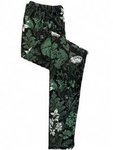 大码女式休闲印花针织长裤，适合度假、办公、日常穿着、生日派对、约会等各种场合，四季皆宜。 - 墨綠色 - 查看 4