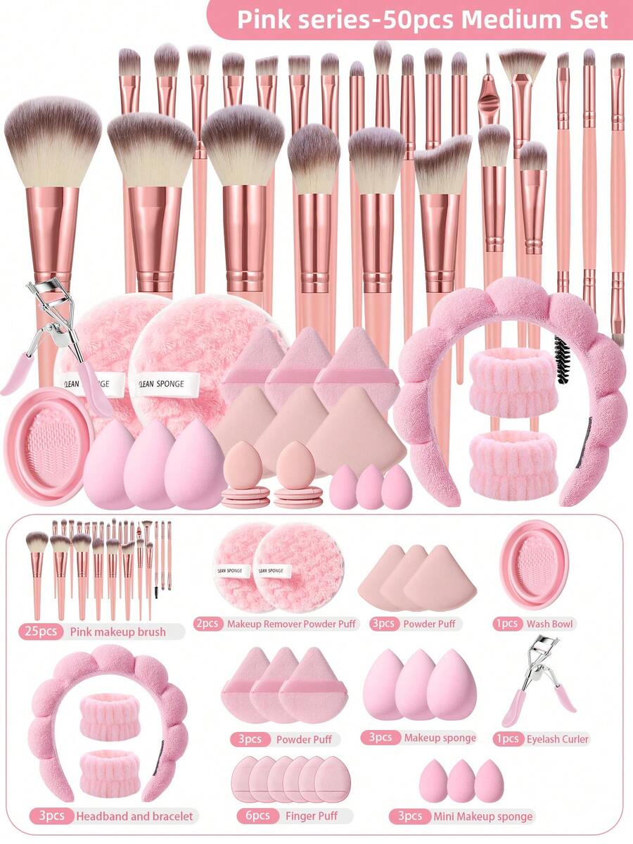 25/50支化妆刷套装，包含眼影刷、眉刷、粉底刷、散粉刷、腮红刷、遮瑕刷和高光刷。采用超柔软合成纤维制成，适合日常面部彩妆。套装包含：化妆刷套装、化妆刷套装、化妆刷套装、全套化妆工具、化妆刷套装、全套化妆工具、化妆刷套装、化妆刷套装、化妆礼盒套装。 - 粉色 - 查看 1