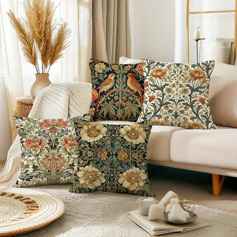4 Packs Vintage Flower & Bird Throw Pillow Covers - 17.7*17.7 Inches, 2D Digital Single-Side Printing, Machine Washable With Zipper, Suitable For Farmhouse, Porch, Patio & Living Room Decor, Pillow Inserts Not Included - Multicolor - View 1