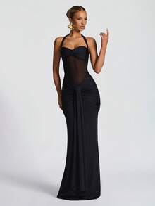 性感吊带露背收腰高开衩连衣裙，网纱拼接度假派对婚纱黑色春季款 - 黑色 - 查看 3