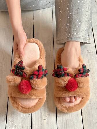 XIXITIAO 1 Pair Cute Red Nose Reindeer Antler Plush Slippers, Unisex Non-Slip Soft Bottom Indoor Slippers, Christmas Reindeer Design Flat Slippers, Comfortable & Fashionable Lightweight House Shoes