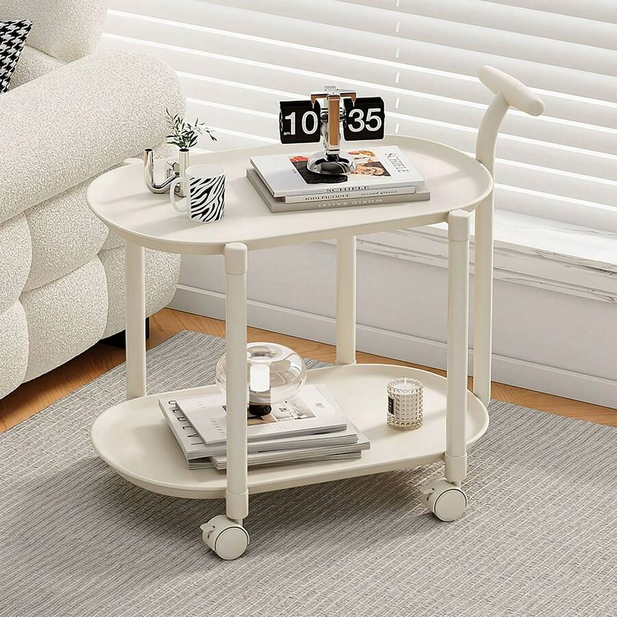 Beistelltisch mit Rollen und 2 Ebenen, moderner Sofatisch aus Kunststoff in Weiß (60*66*41 cm), mobiler Ablagetisch mit Griff für kleine Räume, multifunktional als Sofa-Beistelltisch, Servierwagen oder Beistellwagen für Wohnzimmer, Büro und Schlafzimmer - Weiss - Übersicht 1