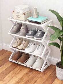 Four-Layer Large Z-Shaped Shoe Rack, Easy To Assemble Without Tools, Pink Plastic Stackable Storage Organizer, Suitable For Home, Dormitory And Living Room, Space-Saving Floor Design, Shoe Storage Organizer