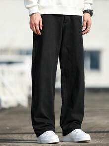 1pc Plus Size Men's Casual Loose Baggy Straight Leg Jeans, Comfortable Versatile Streetwear Style Washed Denim Pants (No Belt Or Accessories) - Black - View 4