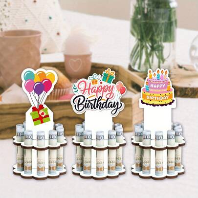 3套木质钱币盒生日蛋糕架，带装饰顶盖，节日现金礼物惊喜盒，适用于生日庆祝活动，多层设计，色彩缤纷的装饰，用于派对装饰和送礼，生日派对装饰