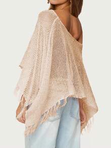 Womens Batwing Sleeve Asymmetrical Sparkly Glitter Poncho Top Crochet Hollow Out See Through Shrug Shawl Summer Beach Cover Ups With Tassel - Rượu sâm banh - Xem 4