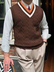 男士学院风拼接麻花针织V领毛衣背心，秋冬款 - 棕色 - 查看 2