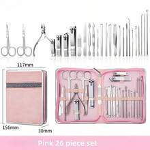 26 piezas Kit de herramientas de manicura de acero inoxidable premium, incluye lima de uñas recta, cucharilla para oídos y tijeras - Juego de belleza profesional de estilo moderno para viajes - Rosa - Ver 6