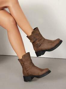 女士踝靴，欧美风，新款时尚百搭舒适真皮靴，防水，粗跟，休闲，保暖，轻便，柔软皮革，软底，踝靴，女士时尚靴 - 棕色 - 查看 5