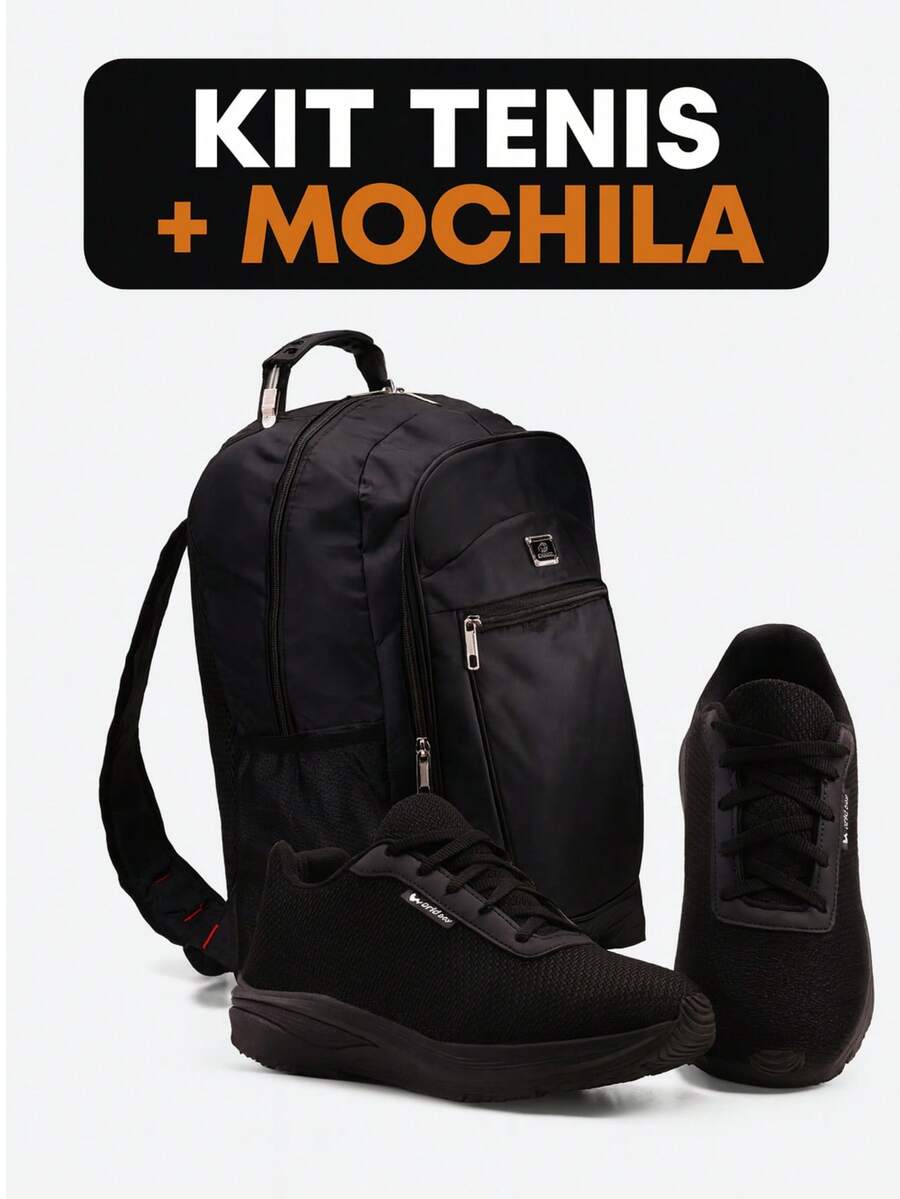 Kids' Tennis Shoe + Backpack Set For Boys And Girls - Lightweight And Comfortable With Tie Closure And Buckle - 黑色 - 查看 1