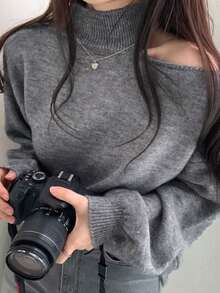 时尚露肩高领毛衣，宽松版型外套 - 灰色 - 查看 4