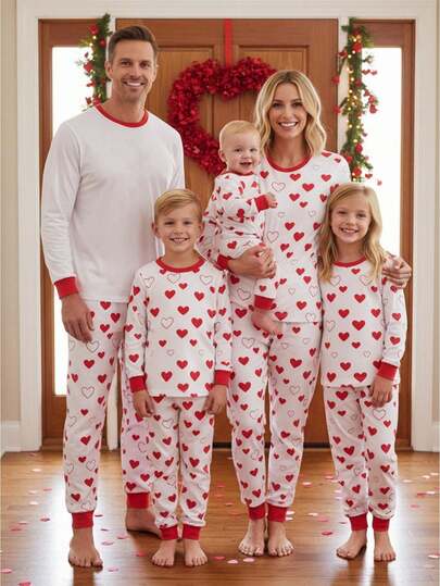 Match Family Valentines Day Pjs Set Long Sleeve Tops + Heart Print Pants Set Loungewear Casual Holiday Lounge Set Pj