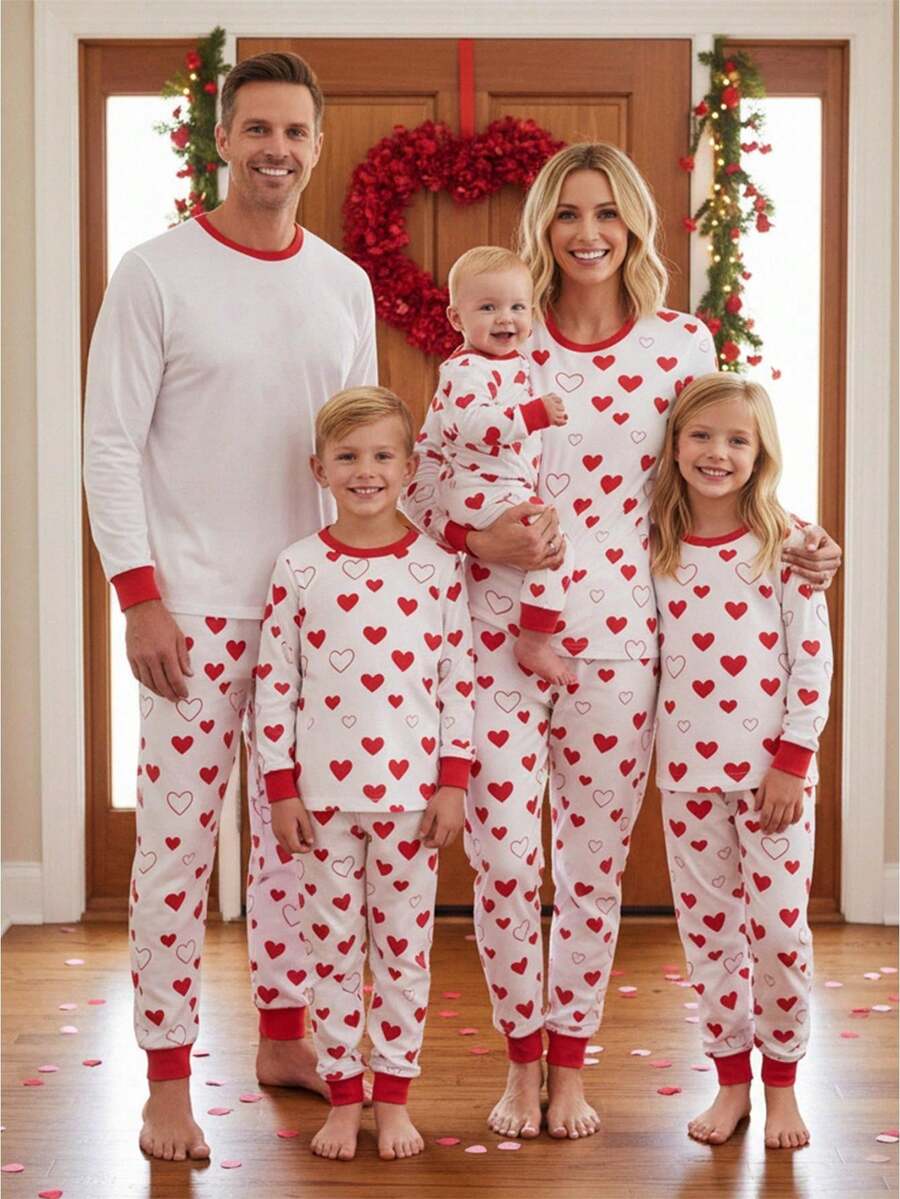 Match Family Valentines Day Pjs Set Long Sleeve Tops + Heart Print Pants Set Loungewear Casual Holiday Lounge Set Pj - White - View 1