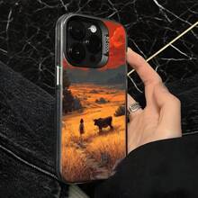 Cubierta de telefono transparente con diseño de paisaje al atardecer y figura humana con vaca color naranja y marron para uso diario en cafeterias - Negro - Ver 4