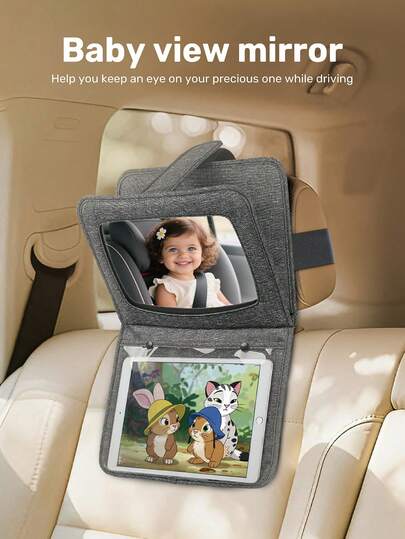 2-In-1 Foldable Car Backseat Baby Mirror & Tablet Holder, Made Of Shatterproof Acrylic, Adjustable Angle, Size 44*29.5 Cm/17.3*11.6 In, Suitable For Detachable Headrests, Easy Installation, Convenient For Monitoring Infants And Providing Entertainment For Children During Commuting And Family Trips