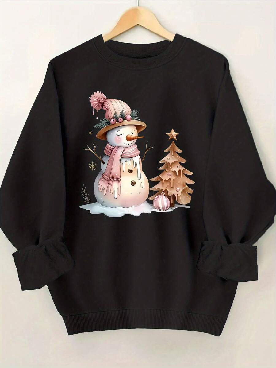 Suéter De Invierno Para Mujer Con Estampado De Muñeco De Nieve Y Árbol De Navidad - Jersey Cómodo De Manga Larga Con Cuello Redondo Y Diseño De Muñeco De Nieve, Reno, Pingüino Y Copos De Nieve, Top Casual De Otoño/Invierno Para Vestir Casual, Suéteres Lindos - Oscuro - Ver 1