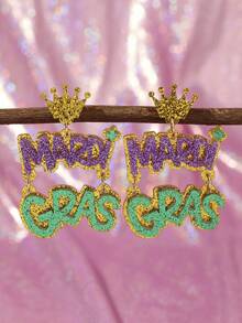 一顶闪亮皇冠帽，帽檐上印有“MARDI GRAS”字样；一对手工制作的亚克力水滴吊坠耳环；适合女性/女孩参加游行、狂欢节派对和其他场合的配饰首饰。 - 彩色 - 查看 1