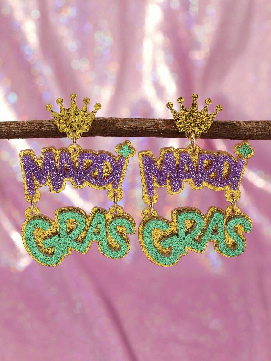 1 đôi mũ vương miện lấp lánh có chữ "MARDI GRAS", bông tai dáng giọt nước bằng acrylic thủ công, phụ kiện trang sức phù hợp cho phụ nữ/bé gái tham dự lễ diễu hành, tiệc hóa trang và các dịp khác. - Nhiều màu - Xem 1