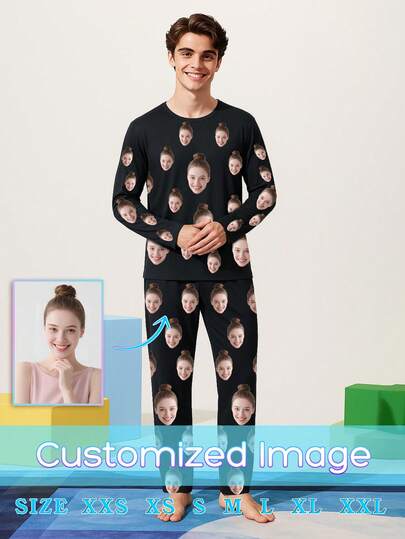 Personalisierter Herren Pyjama Set mit Foto - Bequemes Kurzarm Crew Neck Oberteil und Hose, personalisierter Pyjama für Ehemann, Vater, Freund - perfekt als Weihnachts- oder Geburtstagsgeschenk, Herbst/Winter, Familien Outfit, 1 Set