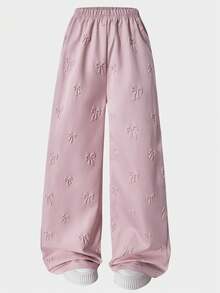 时尚甜美休闲简约3D立体蝴蝶结装饰阔腿裤，粉色，适合春秋季户外、派对、校园及日常穿着。 - 粉色 - 查看 4