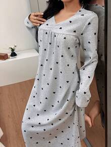 女士成熟款 V 领心形印花长袖睡袍，适合家居服 - 灰色 - 查看 3