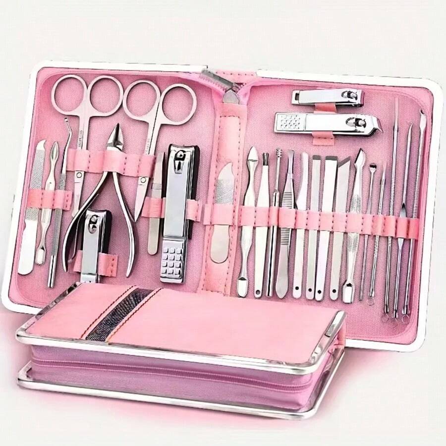 26 piezas Kit de herramientas de manicura de acero inoxidable premium, incluye lima de uñas recta, cucharilla para oídos y tijeras - Juego de belleza profesional de estilo moderno para viajes - Rosa - Ver 1