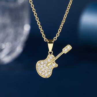1pc 18K Gold Plated Copper Rock & Hip Hop Guitar Pendant Necklace - Copper Music Festival Design - For Female Musicians & Music Fans, Concerts & Everyday Wear, Year-Round Fashion Accessory