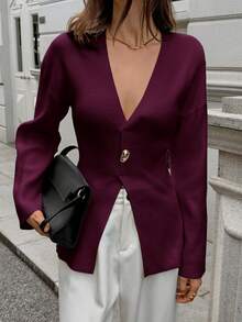 PoPoHouse Women's Top Suitable For Wear Daily Commuting To Work And Office Deep V-Half Open Solid Color Long Sleeved Slim Design Warm And Comfortable - Red Violet - View 5