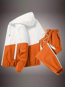 YINGHU 2pcs Men's Casual Sports Set, Hooded Zipper Color Block Jacket, Drawstring Pocket Sports Pants, Suitable For Spring/Autumn Fitness, Running, Sports