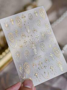 1pc 5D Gold Plated Nail Sticker, Luxury & Exquisite Nail Sticker, Retro Halo Faith Nail Sticker, DIY Nail Sticker - Gold - View 3