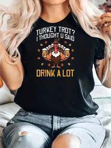 Cotton Funny Thanksgiving Turkey Leopard Print Playful Tee Women - Black - View 1