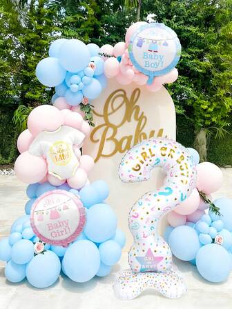 113pcs/Set Gender Reveal Wreath Kit, Includes 18" Pink & Blue Foil Balloons, Large Standing Question Mark Balloon, Shirt Balloons, Pink & Blue Latex Balloons, Suitable For Gender Reveal Parties, Baby Showers, Party Decorations, Pink & Blue Theme Decor, Photo Props, Birthday, Gender Reveal Home Party Atmosphere Photography Accessories