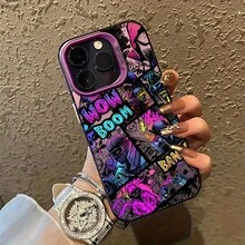 Funda de Teléfono Creativa con Graffiti Moderno para Niño, Adecuada Para iPhone 17, 16e, 16, 15, 14...12, 11 Mini Pro Max Air X/XR..XS MAX 8, 7 Plus - Cubierta Trasera Mate Anticaída Funda Bonita que Brilla en la Oscuridad Con Gatos Iluminados Rectangular - Morado - Ver 5