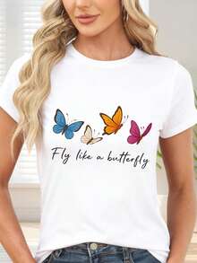 Colorful Butterfly Print T-Shirt For Casual Occasions - White - View 1