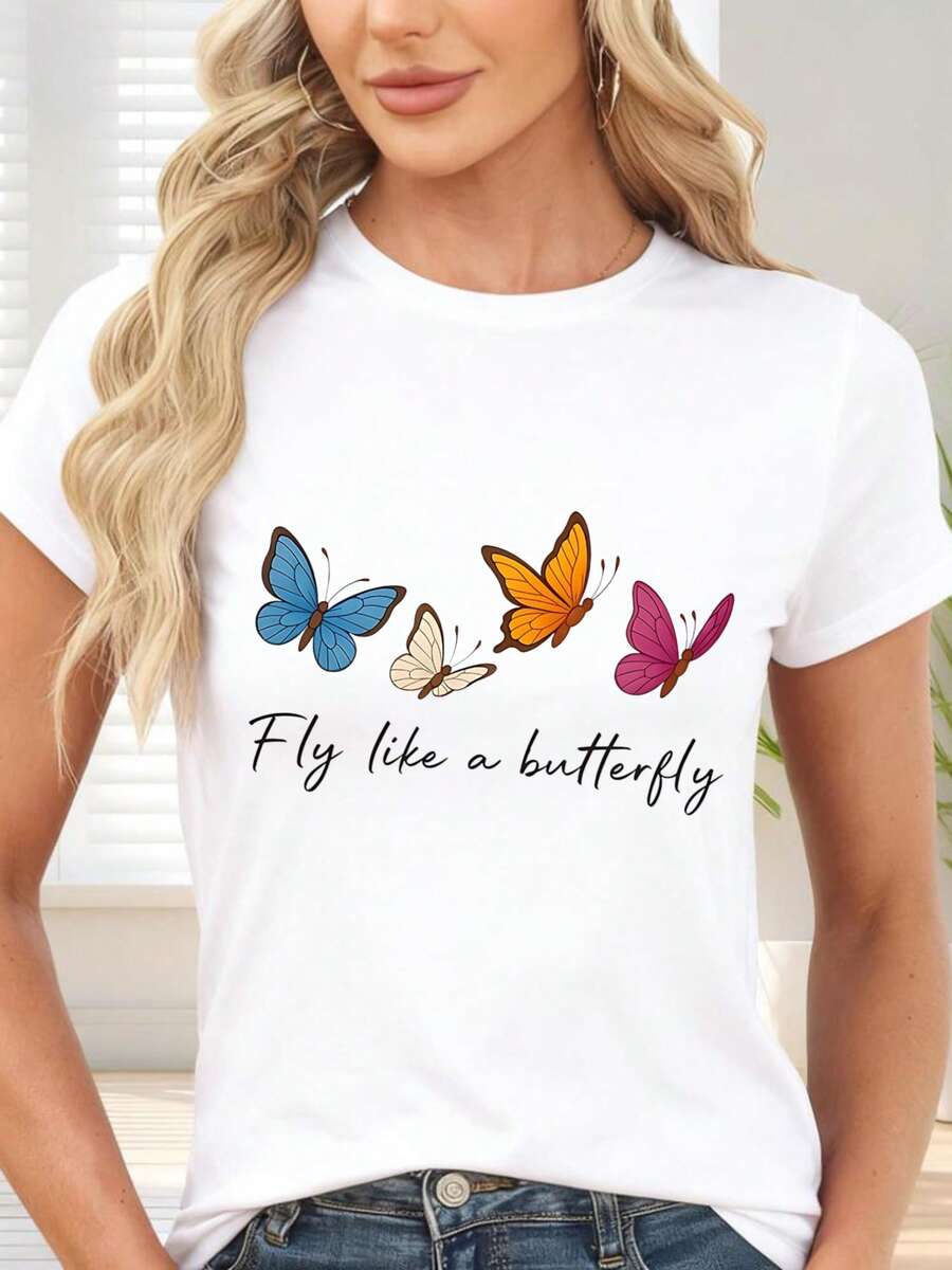 Colorful Butterfly Print T-Shirt For Casual Occasions - White - View 1