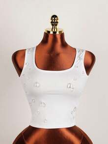 Summer Street Solid Color Slim Fit Tops Sleeveless Square Neck Rhinestone Tank Top Casual For Women