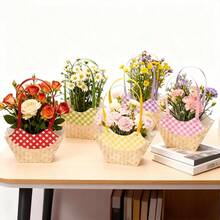 1个 - 仿柳条外观纸质花束盒 - 仿柳条盖和柳条提手 - 优雅便携的DIY礼品包装篮，适用于婚礼、生日、花艺布置 - 彩色 - 查看 10