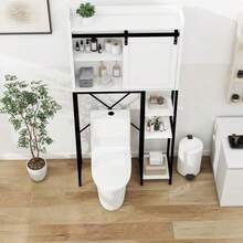 Over The Toilet Storage Cabinet, Bathroom Shelves Over Toilet With Sliding Barn Door,Adjustable Shelves And Side Storage Rack-White