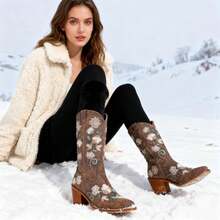 Women's Western Cowboy Boots Knee High, Floral Embroidered Vintage Cowgirl Boots With Pointed Toe & Chunky Heel, Pull-On Tabs For Country Style, Concert, Party And Daily WearChristmas - 熱情勃根地花卉 - 查看 6