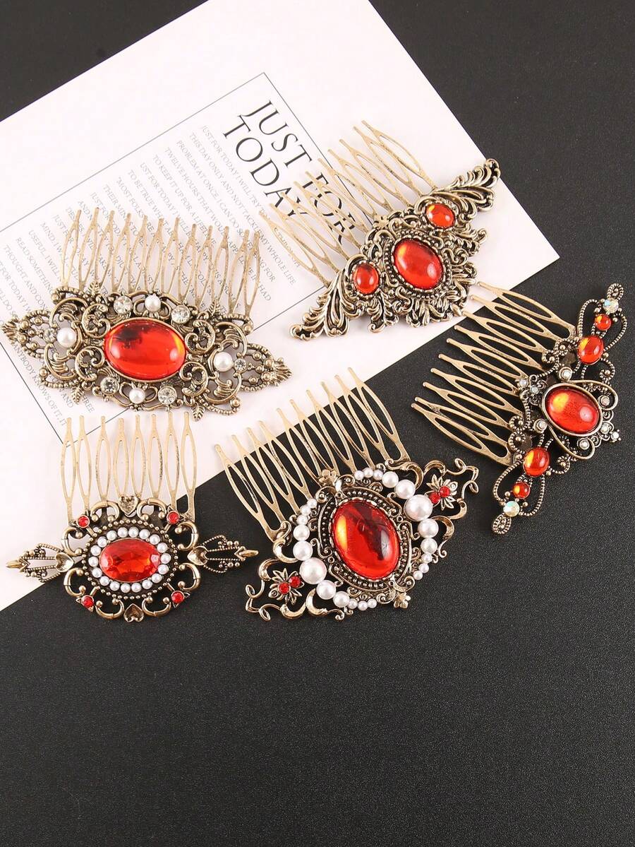 1pc Vintage Metal Flower & Leaf Design Hair Clip, Red, Festive Holiday Gift, Combs, Side Comb, Headpiece, Hair Accessories, New Year Glamour, Hair Accessories For Women,Summer,Travel,Festival,Birthday - Multicolor - View 1